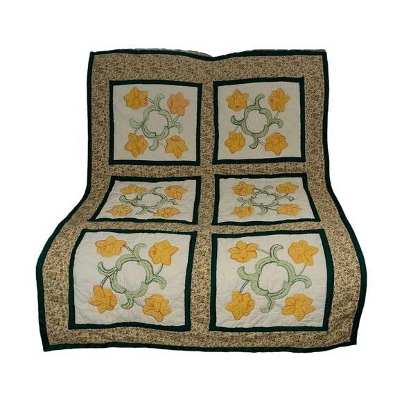 Vintage Handmade Hand Crafted Granny Square Quilt Fall Floral Reversible 57X41 - Picture 1 of 12